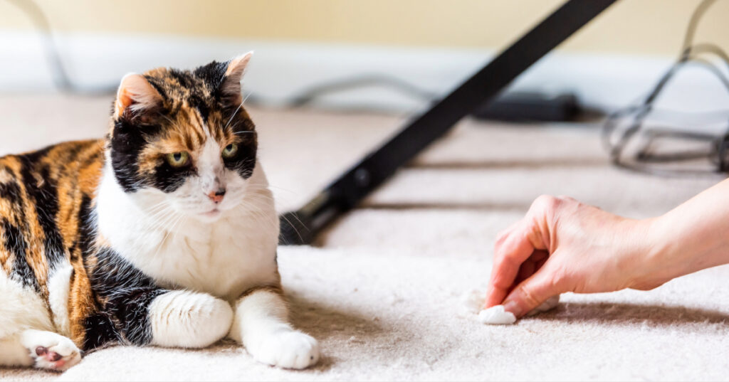 owner cleaning the carpet next to a cat after vomiting